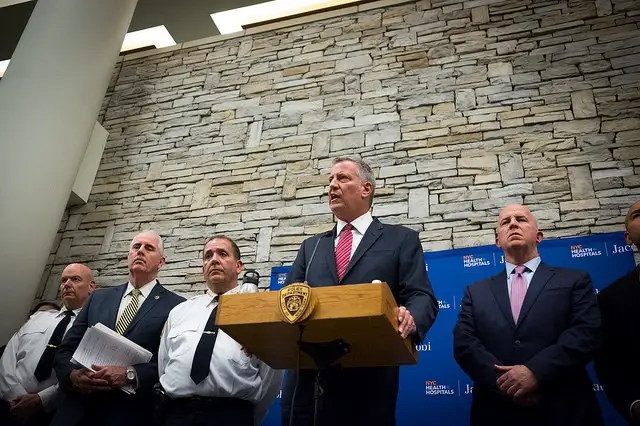 Mayor de Blasio, speaking at Jacobi Hospital following the shooting of two police officers Friday afternoon.